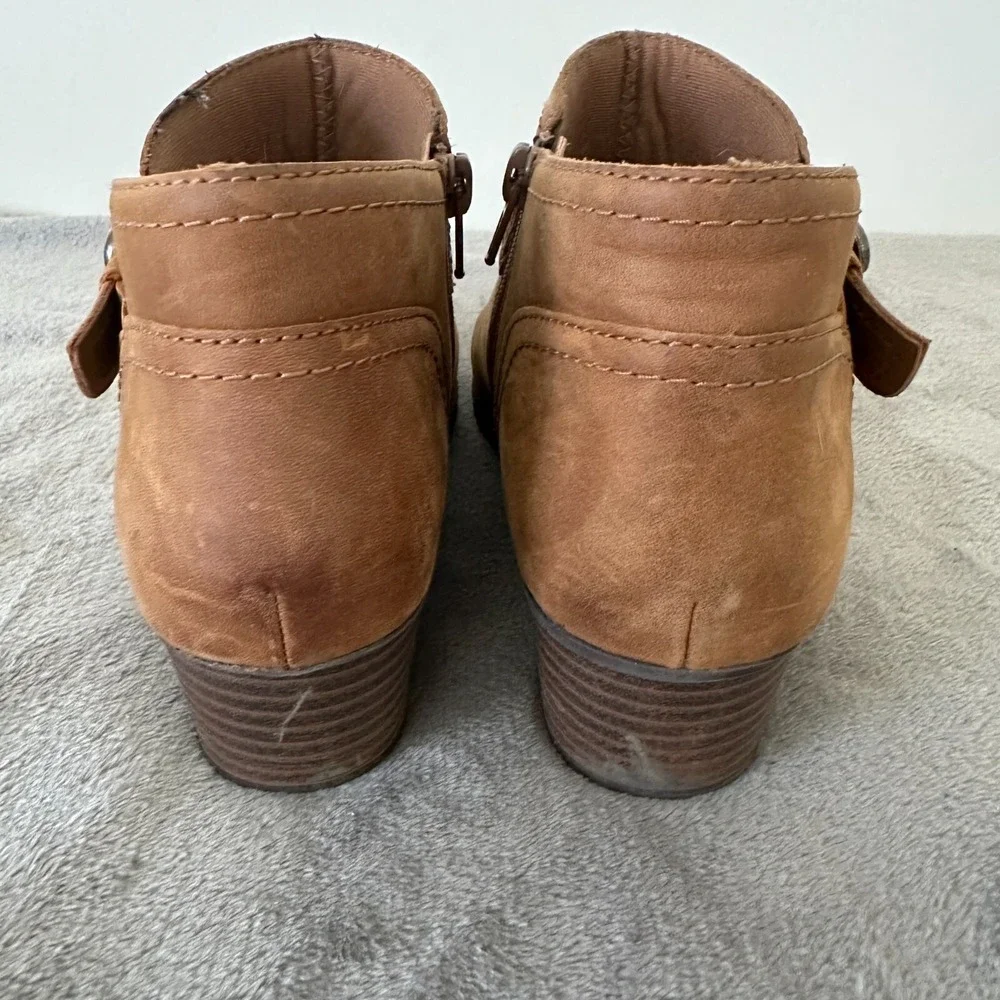 Clarks Adreena Booties Womens 8M Dark Tan Leather Ankle Boots Zip Buckle Western